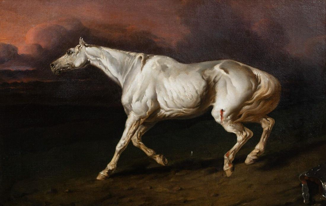 PORTRAIT OF A WOUNDED WHITE STALLION OIL PAINTING: Year: 19th century Size: 36.5" x 26.5" Medium: Oil Description: James Ward painted a sizable oil on canvas image of a wounded white steed in the early 19th century. Scene from Ward's collection of hor
