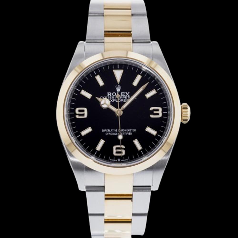 ROLEX EXPLORER: Brand: ROLEX Model: Explorer Case Size: 36mm Movement: Automatic Material: Stainless Steel Band Material: 18k Yellow Gold, Stainless Steel Box: Yes Papers: Yes
