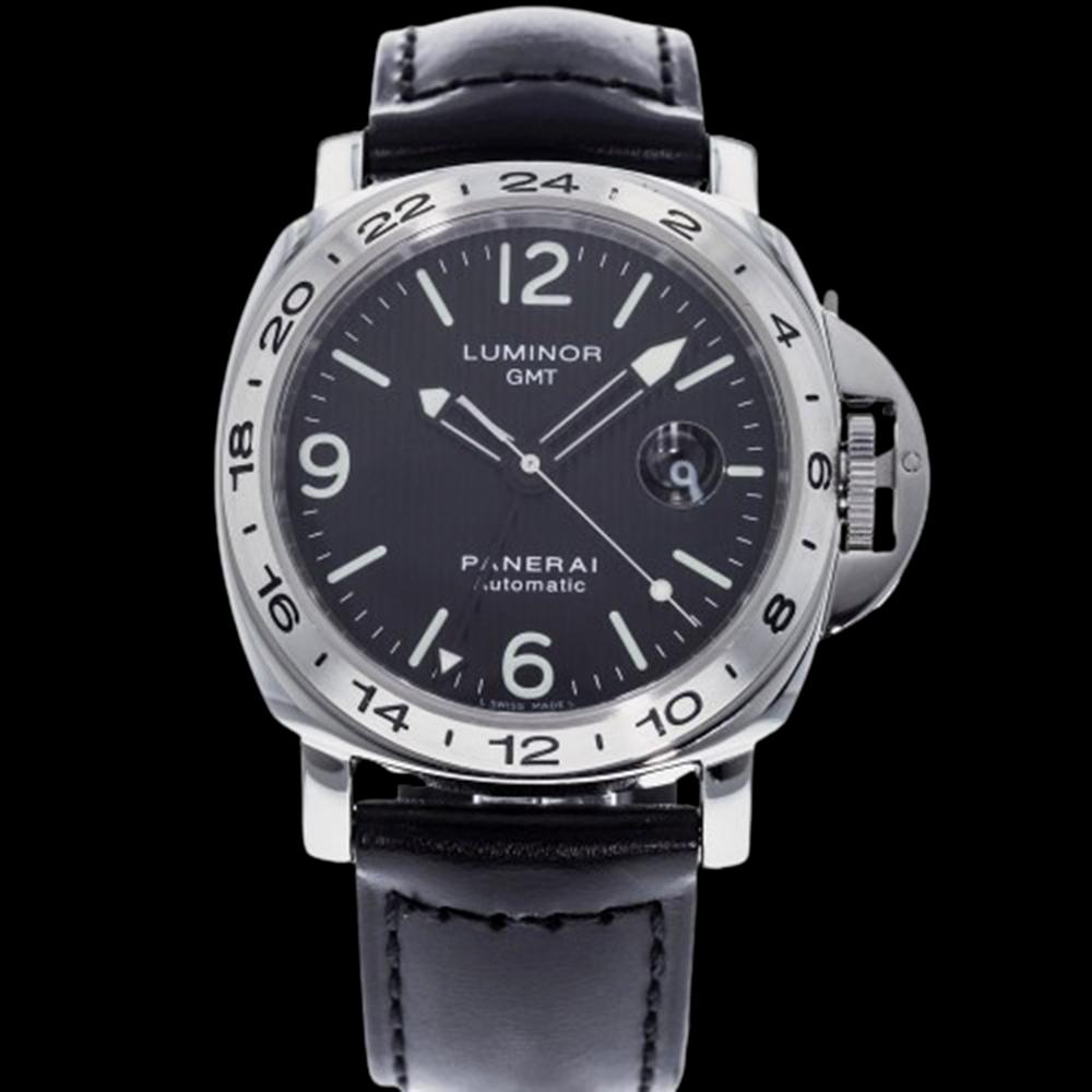 PANERAI LUMINOR GMT: Brand: PANERAI Model: Luminor GMT Case Size: 44mm Movement: Automatic Material: Stainless Steel Band Material: Leather Box: No Papers: No