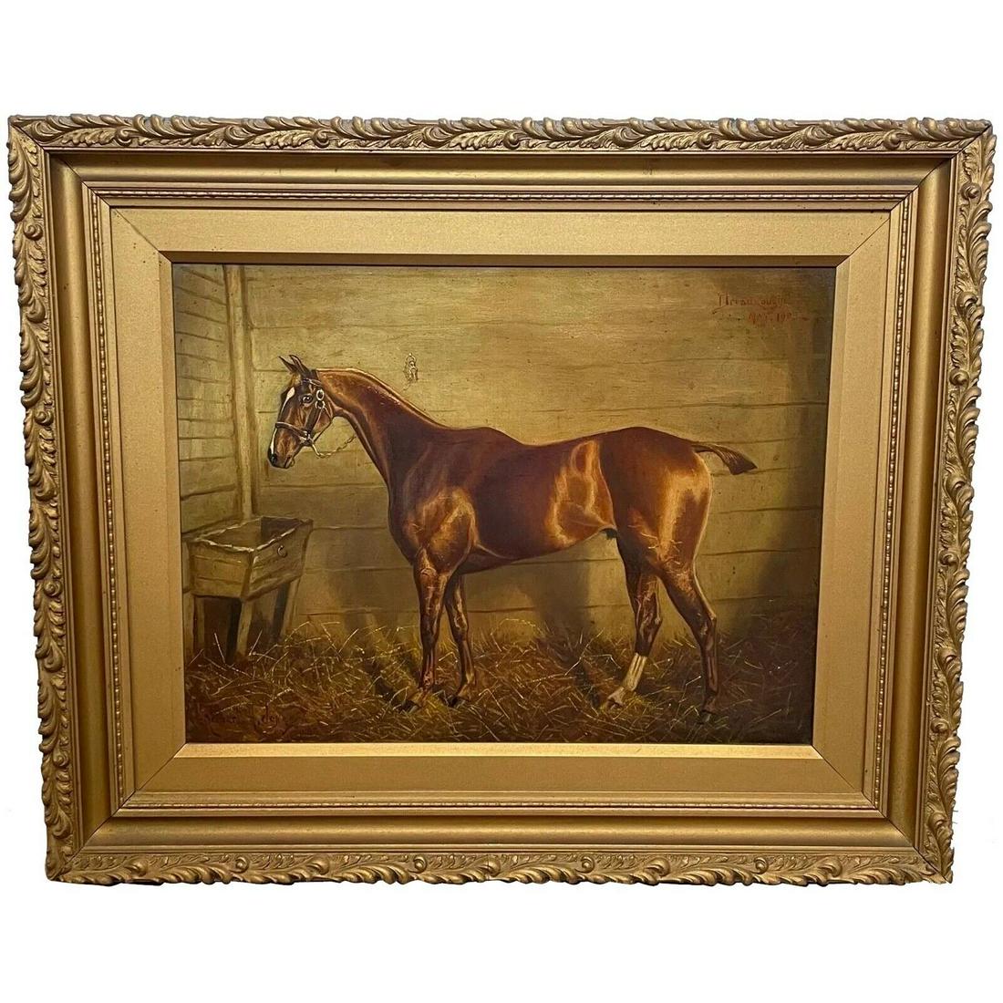 PORTRAIT OF "DREADNOUGHT" BAY HUNTER HORSE OIL PAINTING: Year: 20th century Size/Dimensions: 48cm x 4cm x 58cm Medium: Oil Artist: Herbert H St John Jones Description: 1 Outstanding Antique British Wall Oil Painting By Renowned Artist Herbert H St John Jone