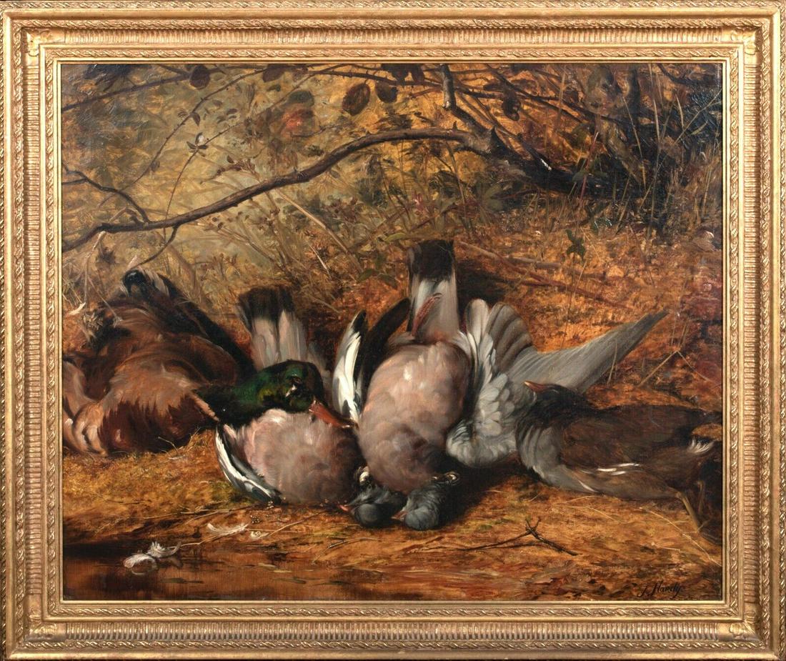 BIRD DUCK PIGEON HUNTING OIL PAINTING: Year: 19th century Size: 35" x 29" Medium: Oil Description: James Hardy Jr.'s oil on canvas, large 19th-century English bird hunting still life depicting a variety of birds on the forest floor. A spor
