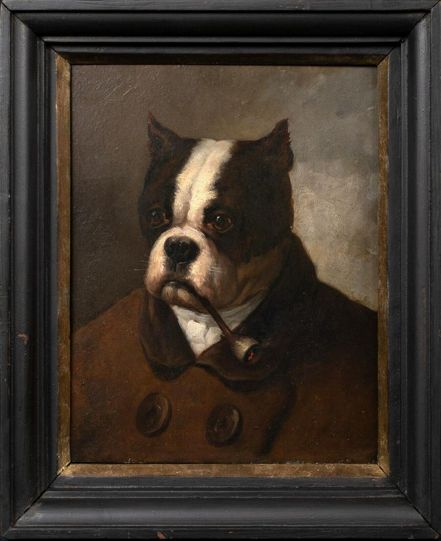 PORTRAIT OF AMERICAN BULLDOG SMOKING A PIPE OIL PAINTING: Year: 19th century Size: 18" x 15.5" Medium: Oil Description: During the 19th century, Edmond Van Der Meulen painted an oil on panel depicting an American Bulldog smoking a pipe. Early significant and