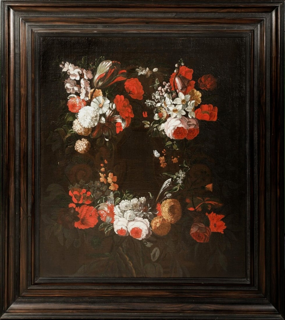 STILL LIFE OF FLOWERS OIL PAINTING: Year: 17th century Size: 45" x 40" Medium: Oil Description: A sizable oil on canvas still life with flowers by a Flemish Old Master from the 17th century is attributed to Daniel Seghers. Outstanding e
