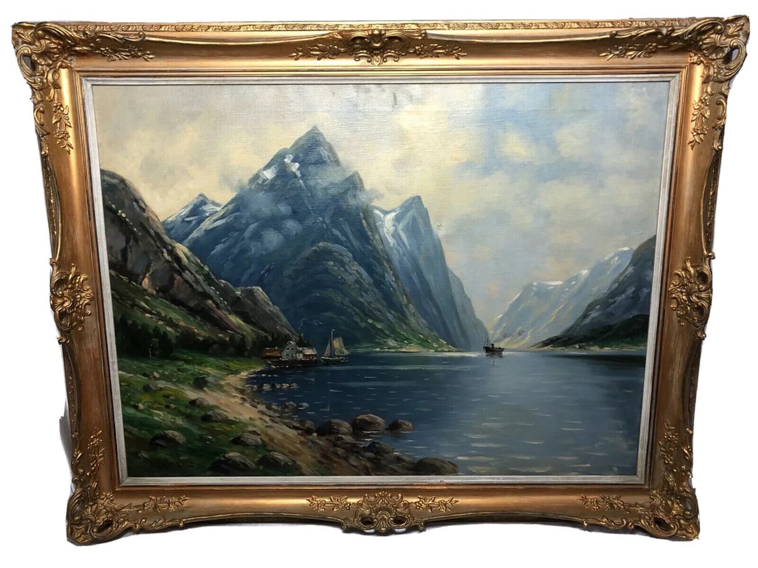 NORWEGIAN FJORD LANSCAPE OIL PAINTING: Size: 75cm x 95cm Medium: Oil Descritpion: 1 Fine Art Norwegian Fjord Landscape in the German School of Impressionism from the Early 20th Century. Examine the lovely nature sight of a Norwegian Fjord