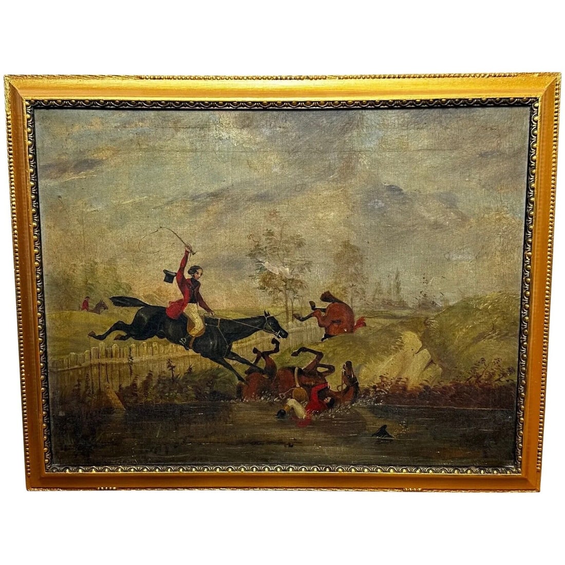 HORSE RIDER RED OIL PAINTING: Size: 33.5cm x 42,5cm Medium: Oil Descritpion: Follower of Henry Thomas Alken, 1 Fine Georgian British Sporting Hunting Horse Rider Red Coats An Unlucky Fall Antique Oil Painting. Unknown British Scho