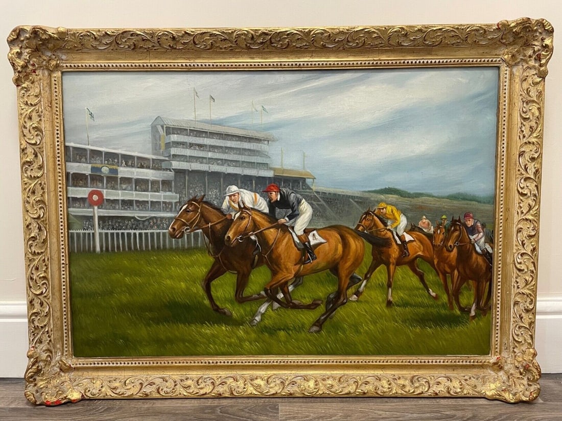 EPSOM DERBY HORSE RACING OIL PAINTING: Size: 74cm x 103cm Medium: Oil Descritpion: 1 Large Decorative British Sporting Art 20th Century English School Oil Painting Epsom Derby Horse Racing "Near Winning Post". Subject horse racing at Epsom