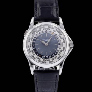 PATEK PHILIPPE WORLD TIME: Brand: PATEK PHILIPPE Model: World Time Case Size: 37mm Movement: Automatic Material: Platinum Band Material: Leather Box: Yes Papers: Yes