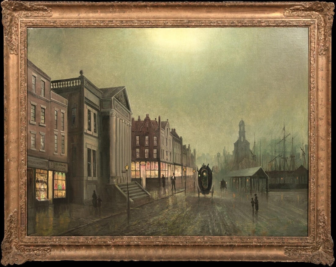 VIEW OF GLASGOW DOCKS OIL PAINTING: Year: 19th century Size: 41" x 30" Medium: Oil Description: John Atkinson Grimshaw painted an expansive moonlit scene of Glasgow Docks in the 19th century. View of the Glasgow dockyard in excellent qu