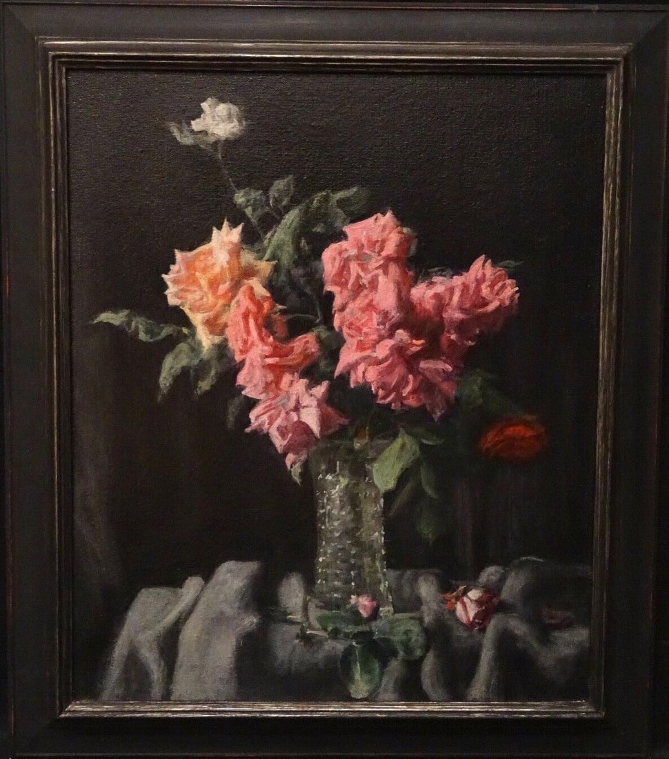 STILL LIFE OF PINK AND ROSES OIL PAINTING: Year: 20th century Size: 28" x 24.5" Medium: Oil Description: George Weissbort created a beautiful, sizable still life painting on canvas of pink and crimson flowers in the 20th century. Beautifully d