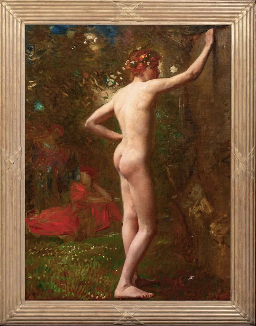 NUDE BOY POSING AS A YOUNG BACCHUS OIL PAINTING: Year: 19th century Size: 41" x 32" Medium: Oil Description: Huge 19th-century oil on canvas put to board portrait, credited to Henry Scott Tuke, depicting a young, nude boy sitting in a forest as a yo