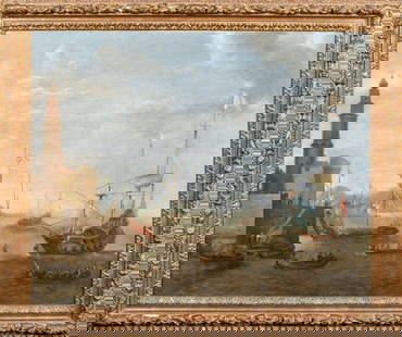 TURKISH OTTOMAN TRADE POST OIL PAINTING: Year: 17th century Size: 39" x 33" Medium: Oil Description: Huge oil on copper painting by a Dutch Old Master from the 17th century depicting Dutch Men-of-War anchored off an Ottoman trading post. Ear