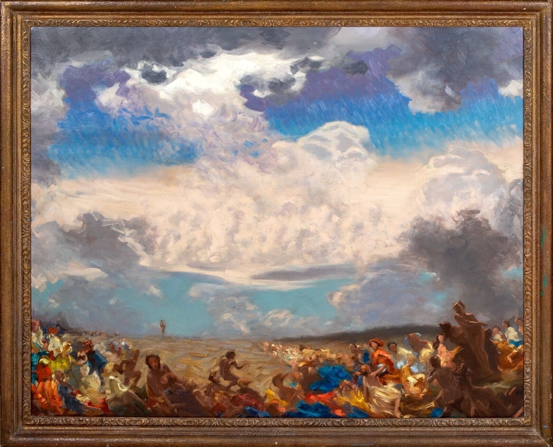 VIEW OF THE RAPTURE OIL PAINTING: Year: 19th century Size: 55" x 46" Medium: Oil Description: Frederick Stratton painted a large impressionist picture of The Rapture in oil around 1900. Lucifer stands alone in the distance, keeping wa