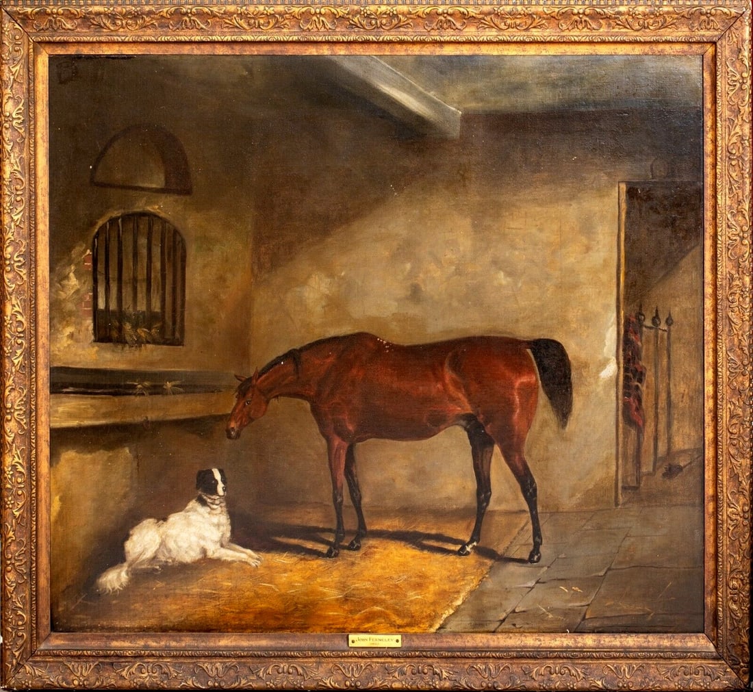 BAY HUNTER & SETTER DOG OIL PAINTING: Year: 19th century Size: 41" x 33" Medium: Oil Description: Large early 19th Century English stable interior of a bay hunter accompanied by a setter, oil on canvas by John Ferneley Senior. Excellent q