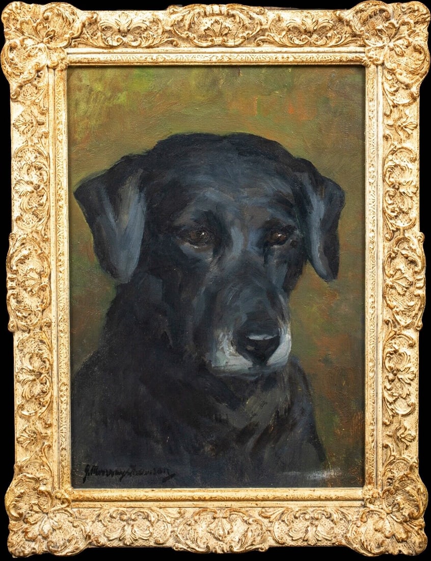BLACK LABRADOR DOG PORTRAIT OIL PAINTING: Year: 19th century Size: 17.5" x 13.5" Medium: Oil Description: Black Labrador "Peter" in a 19th-century English painting on board by John Murray Thomson. Excellent quality and condition early Labrado