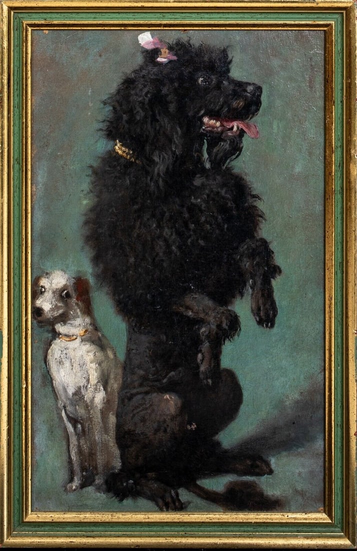 PORTRAIT OF "DANTE & LEOPOLD" OIL PAINTING: Year: 19th century Size: 17.5" x 11.5" Medium: Oil Description: Large painting on wood panel portrait from the 19th century of "Dante & Leopold," a Black Poodle and terrier. Interior scene of two budd