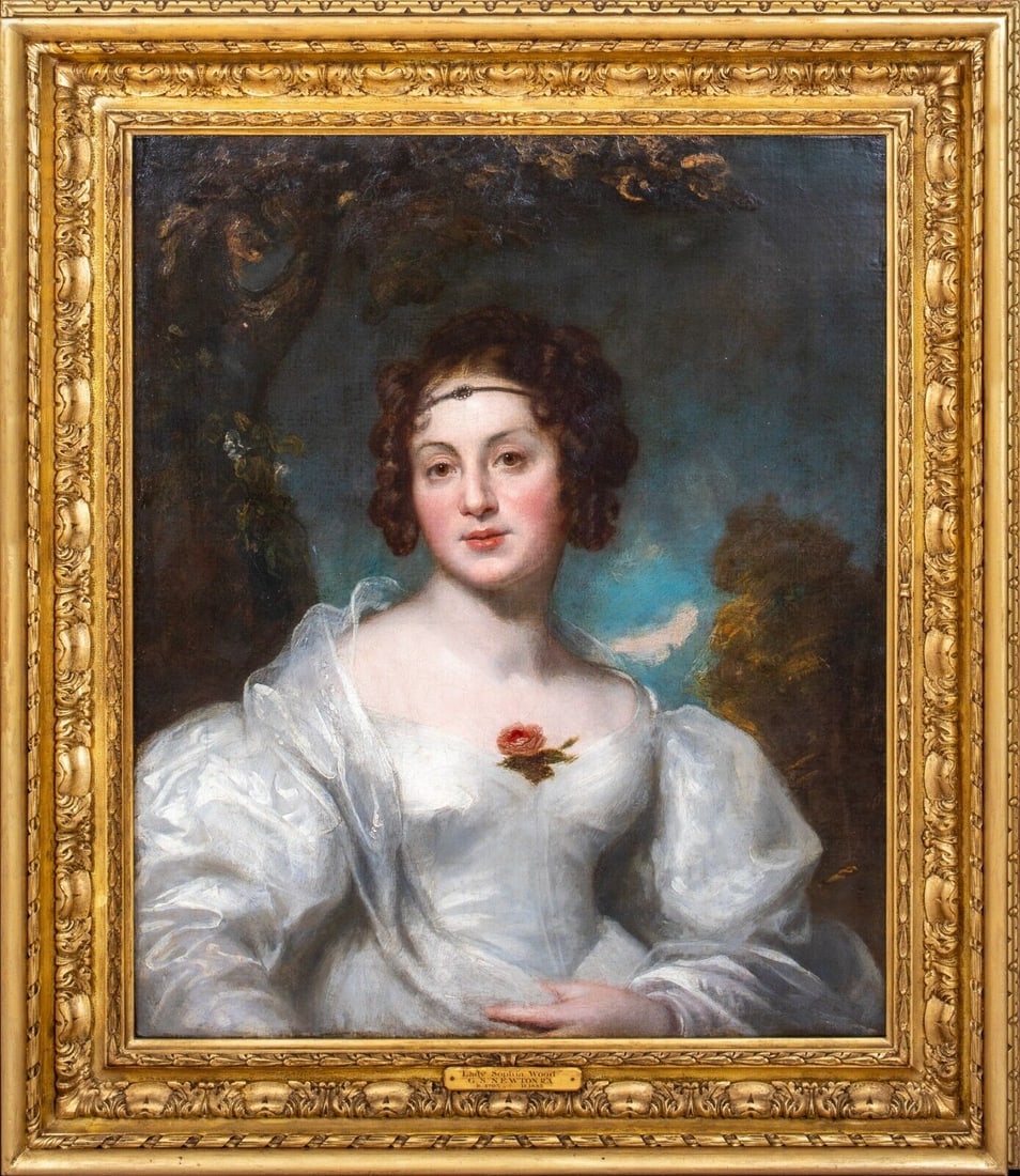 PORTRAIT OF LADY SOPHIA WOOD OIL PAINTING: Year: 19th century Size: 39" x 33" Medium: Oil Description: Gilbert Stuart Wood painted a sizable oil on canvas portrait of Lady Sophia Wood in the 19th century. Lady Wood is depicted in a good qualit