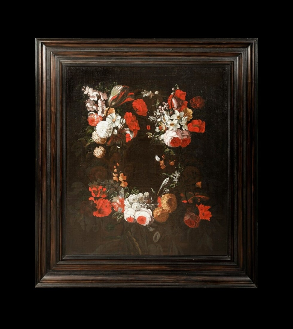 STILL LIFE OF FLOWERS OIL PAINTING: Year: 17th century Size: 45" x 40" Medium: Oil Description: A sizable oil on canvas still life with flowers by a Flemish Old Master from the 17th century is attributed to Daniel Seghers. Outstanding e