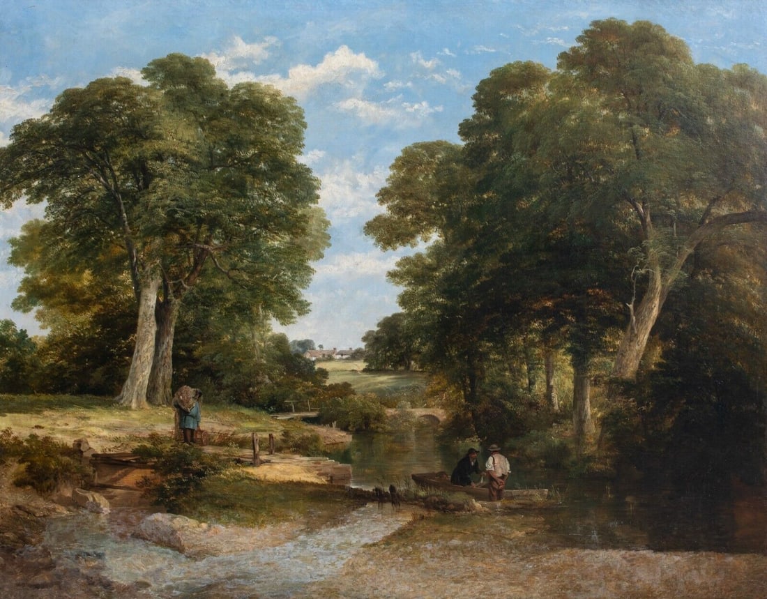 THE BROOK OIL PAINTING: Year: 19th century Size: 50" x 43" Medium: Oil Description: Large English country landscape near a brook in the 19th century, painted by Frederick Richard Lee in oil on canvas. Lee was a natural succe
