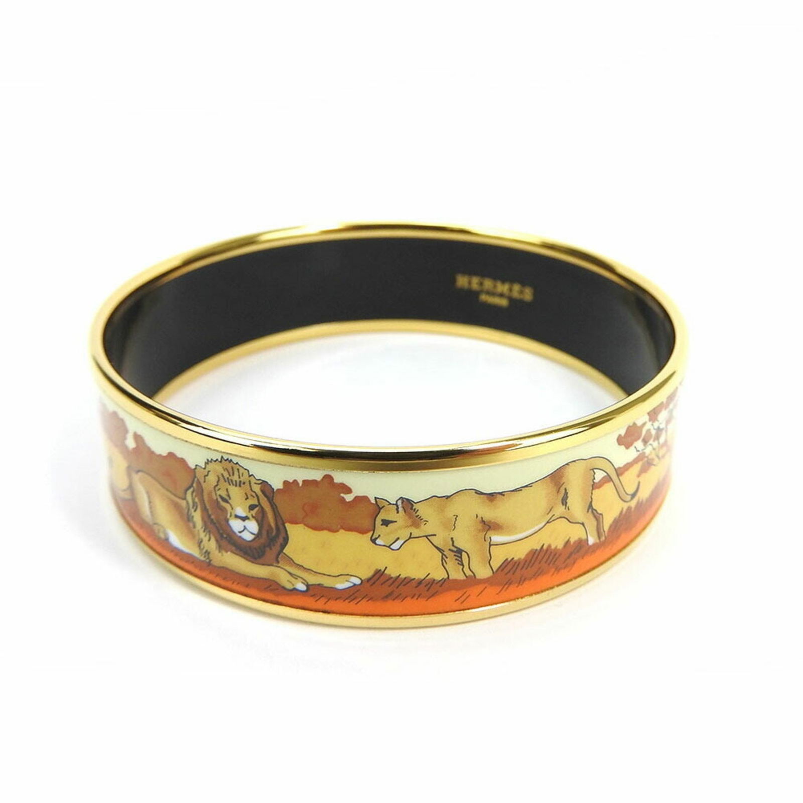 HERMES LION PATTERN ENAMEL BANGLE BRACELET: Brand: Hermes Type: Bangle Material: Cloisonné/enamel, Metal Length: 19cm / 7.48'' Accessories: Box