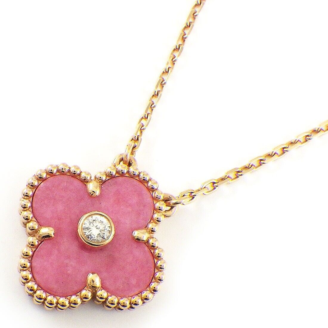 VAN CLEEF & ARPELS NECKLACE: Brand: Van Cleef & Arpels Material: (18K) Rose(Pink) Gold Stone: DiamondPink Rhodonite Weight: 6.3 grams Neck Circumference: 15.11" & 16.85"(inches) / 38.4cm & 42.8cm Pendent Size: W 0.58" × H 0.60"(
