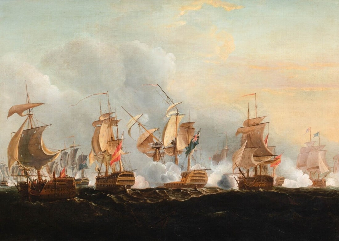 THE BATTLE OF TRAFALGAR OIL PAINTING: Year: 19th century Size: 34" x 26" Medium: Oil Description: Large 19th-century oil painting on canvas that is credited to Thomas Luny, depicting Santisima Trinidad prior to her capture at the Battle o