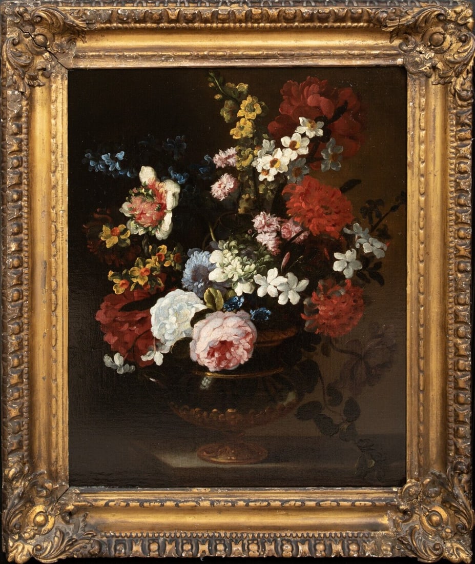 STILL LIFE OF VARIOUS FLOWERS OIL PAINTING: Year: 17th century Size: 27" x 23" Medium: Oil Description: Large 17th-century oil on canvas still life study by Jean-Baptiste Monnoyer with a variety of flowers, including narcissi and roses, in a gi