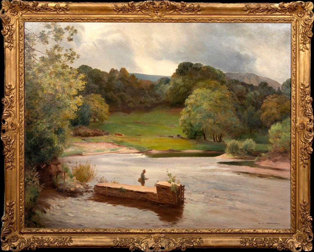 VIEW OF A FIGURE FLY FISHING AT ABER CLYDACH OIL PAINTING: Year: 19th century Size: 41" x 33" Medium: Oil Description: Huge oil painting by Henry Thomas Jarman from the 19th century depicting a figure fly fishing at Aber Clydach, Brecon Beacons. A signed and
