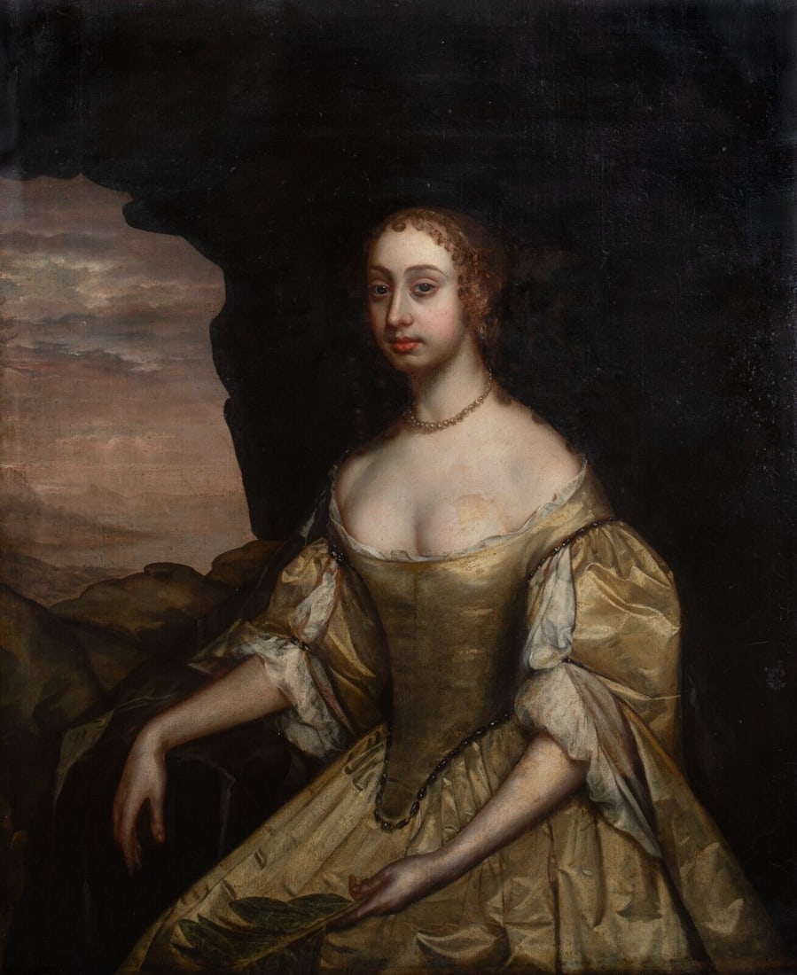 PORTRAIT OF KATHERINE STANHOPE OIL PAINTING: Year: 17th century Size: 55" x 45.5" Medium: Oil Description: Large oil on canvas picture by a 17th-century Old Master of Katherine Stanhope, Countess of Chesterfield (1609–1667). A three-quarter le