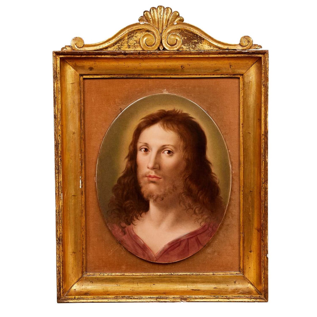 A RARE AND LARGE KPM PORCELAIN PLAQUE DEPICTING THE HEAD OF CHRIST: Description: A RARE AND LARGE KPM PORCELAIN PLAQUE DEPICTING THE HEAD OF CHRISTthe large oval Berlin porcelain panel depicting the head of Christ after the missing painting by Annibale Carracci (Itali