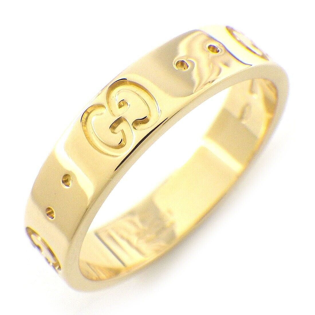 GUCCI INTERLOCKING-G DOUBLE LOGO 18K YELLOW GOLD RING: Brand: Gucci Type: Ring Material: 18K Yellow Gold Ring Size: 5.25 (US) Ring Width: 0.15" / 4mm Weight: 3.6 grams Accessories: Inner Box
