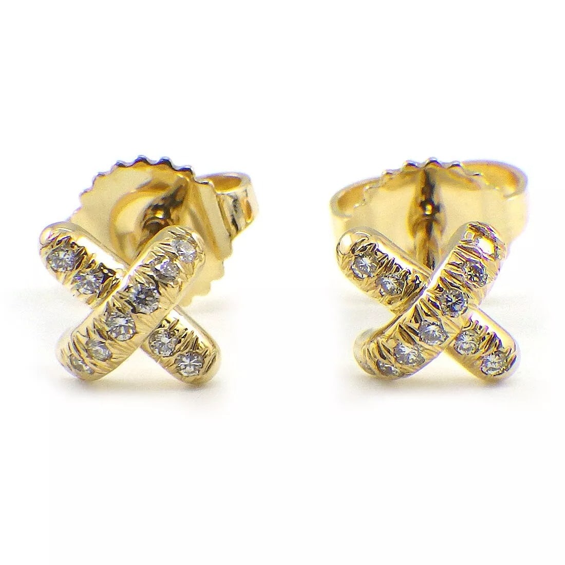 TIFFANY & CO. CROSS STITCH DIAMOND 18K YELLOW GOLD EARRINGS: Brand: Tiffany & Co. Type: Earrings Material: 18K Yellow Gold Stone: Diamond Size: W 0.23" × H 0.22" / W 6.0mm × H 5.8mm Weight: 1.5 grams Accessories: Jewelry Box
