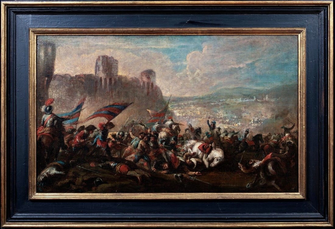 THE BATTLE OF N ÖRDLINGEN OIL PAINTING: Year: 17th century Size: 46" x 33" Medium: Oil Description: Large oil painting from the Thirty Years War depicting the Battle of Nordlingen, created by a European Old Master in the 17th century. A com