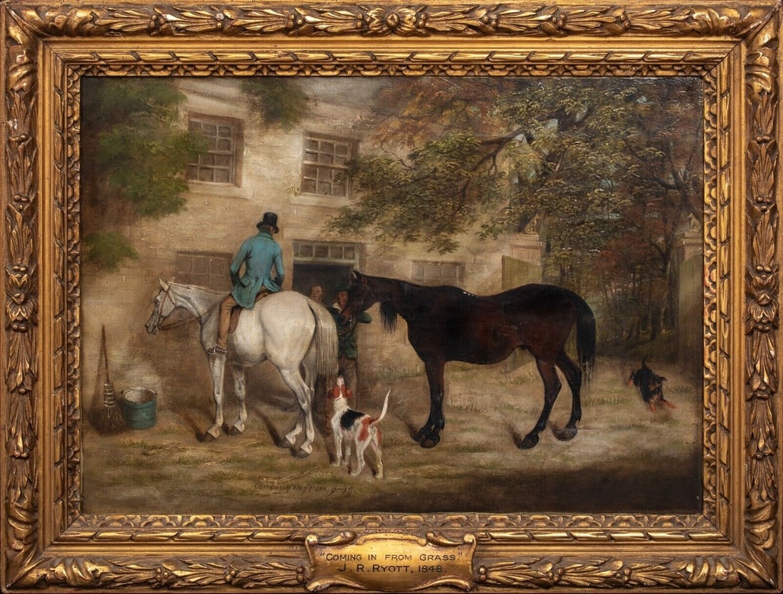 FOX HUNTING HORSES OIL PAINTING: Year: 19th century Size: 19" x 15" Medium: Oil Description: James Russell Ryott, oil on canvas, Fox Hunting Party scenario, England, 19th century. A beautiful and well-preserved specimen of the renown