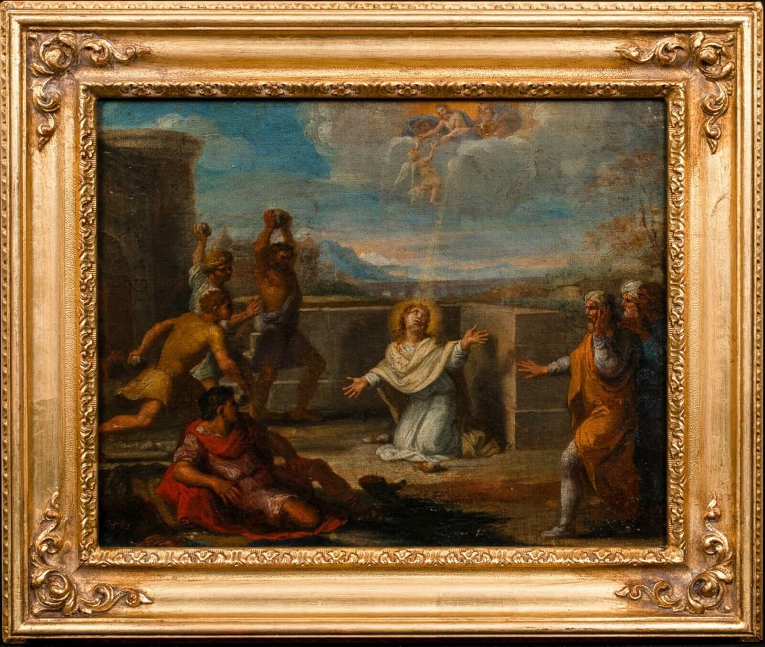 THE STONING OF ST STEPHEN OIL PAINTING: Year: 17th century Size: 17.5" x 15.5" Medium: Oil Description: An exquisite oil painting from the 17th century by a French Old Master that shows St. Stephen being stoned. Superb and uncommon early il