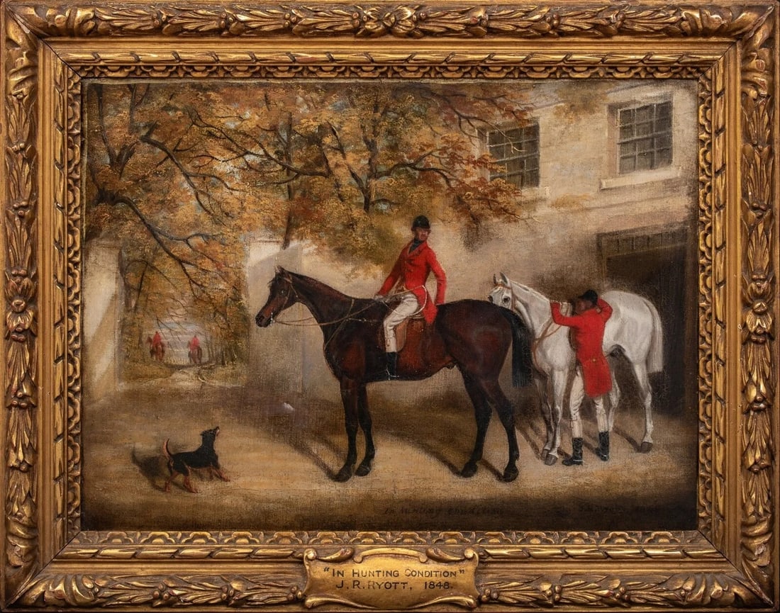 FOX HUNTING PARTY HORSES OIL PAINTING: Year: 19th century Size: 19" x 15" Medium: Oil Description: James Russell Ryott, oil on canvas, Fox Hunting Party scenario, England, 19th century. A beautiful and well-preserved specimen of the renown