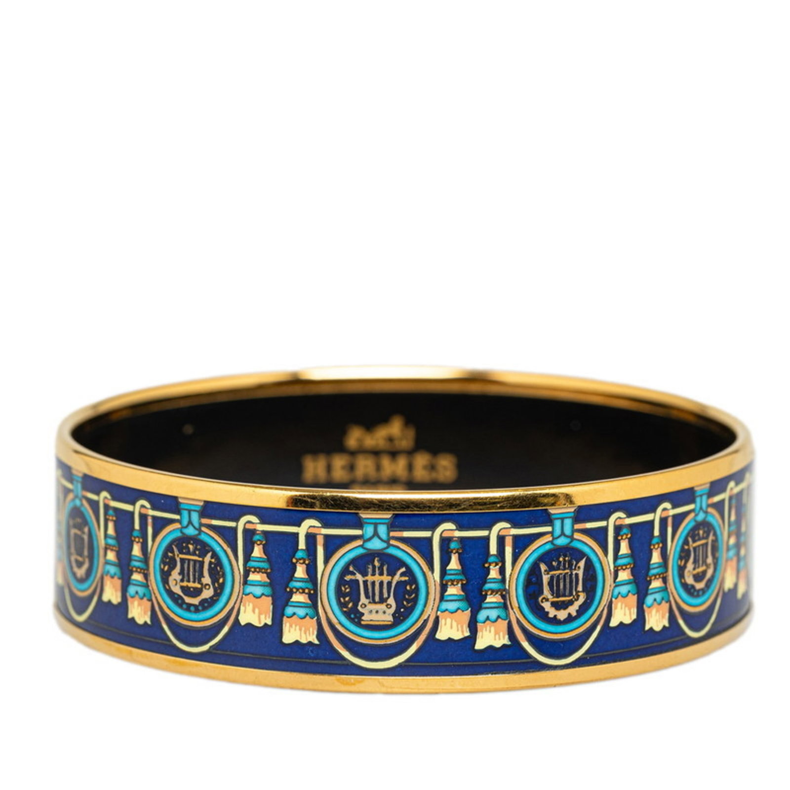 HERMES ENAMEL GM MEDAL CLOISONNÉ BANGLE: Hermes enamel GM medal cloisonné bangle Brand: Hermes Type: Bangle Material: Gold plating Color: Gold, Multi-color, Navy Size: 19.5cm / 7.67'' Accessories: None Accessories Notice: When p