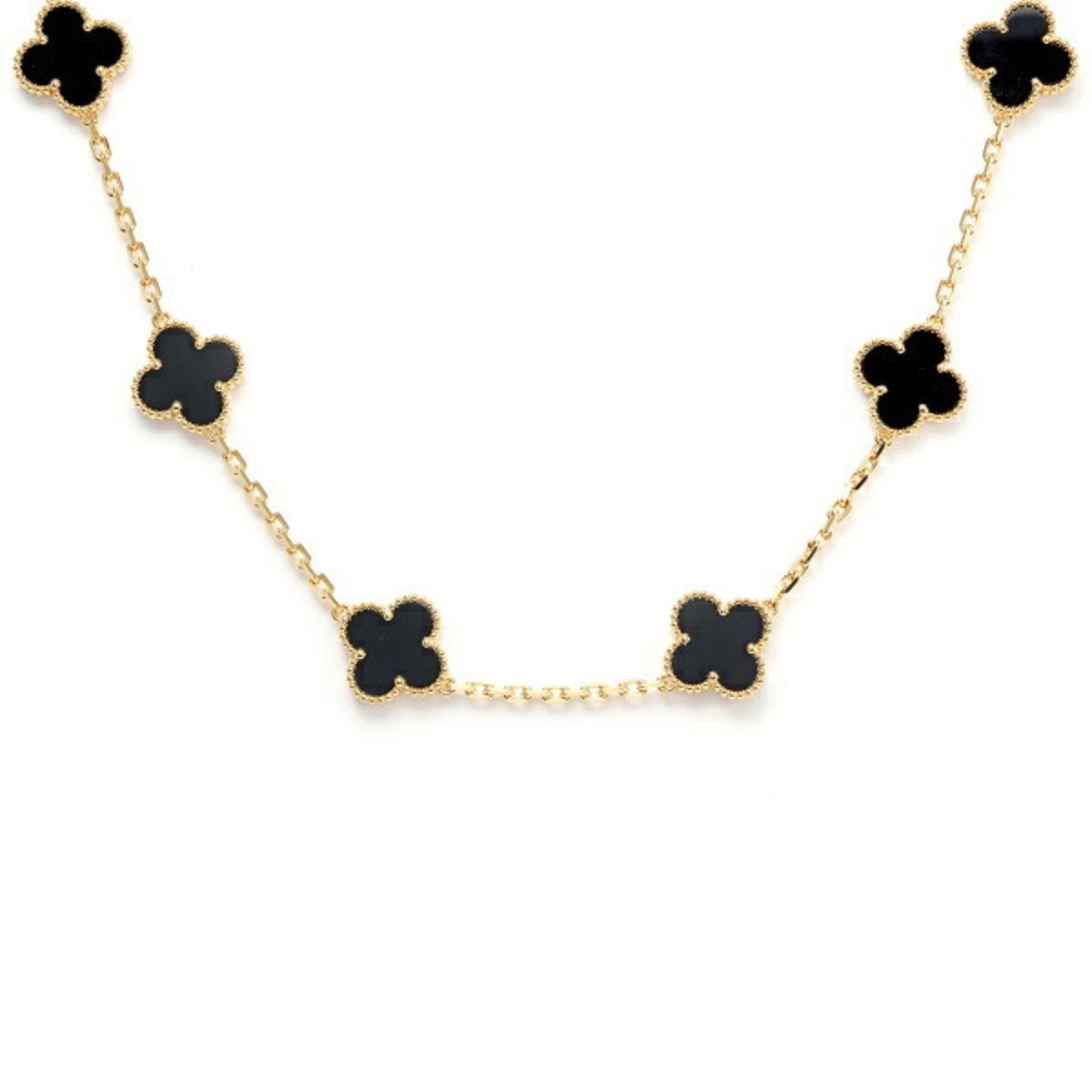 VAN CLEEF & ARPELS ALHAMBRA MOTIFS NECKLACE: Van Cleef & Arpels Alhambra motifs necklace Brand: Van Cleef & Arpels Type: Necklace Material: Yellow gold (18K) Color: None Size: Neck Circumference, 42 cm / 16.53'', Pendant Size, 15mm x 15mm /