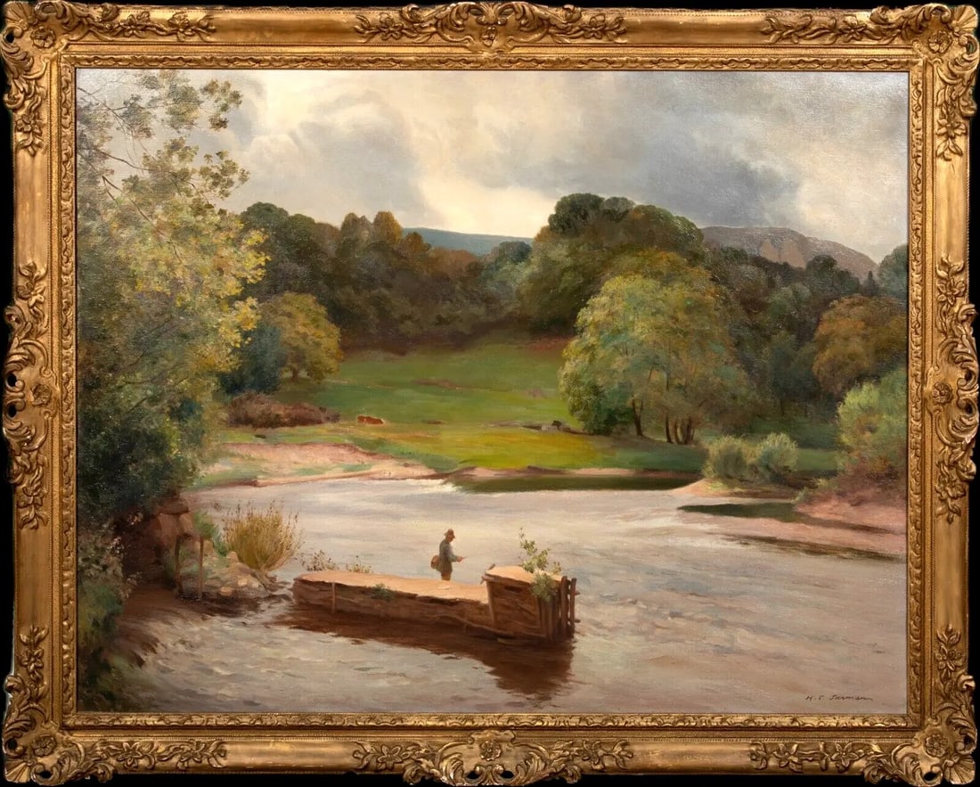 VIEW OF A FIGURE FLY FISHING AT ABER CLYDACH OIL PAINTING: Year: 19th century Size: 41" x 33" Medium: Oil Description: Huge oil painting by Henry Thomas Jarman from the 19th century depicting a figure fly fishing at Aber Clydach, Brecon Beacons. A signed and
