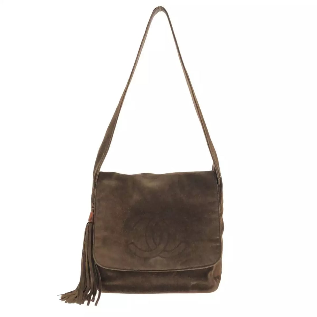 CHANEL - DARK BROWN SUEDE SHOULDER BAG: CHANEL - Dark Brown Suede Shoulder Bag Brand: CHANEL Type: Shoulder Bag Material: Suede Color: Dark Brown Size: Height : 11.02 inch (28 cm) ,Width : 10.63 inch (27 cm) ,Depth : 3.94 inch (10 cm),