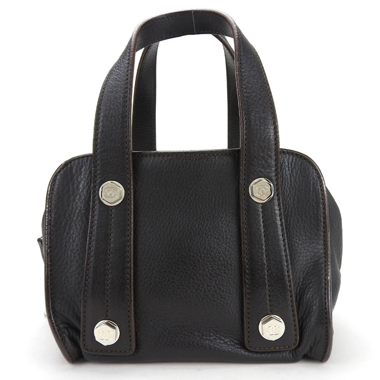 CHANEL HANDBAG LEATHER BOSTON: CHANEL handbag leather Boston Brand: Chanel Type: Handbag Material: Leather Color: Black, Dark brown Size: 16cm x 20cm x 16cm / 6.29'' x 7.87'' x 6.29'' Accessories: None Accessories Noti