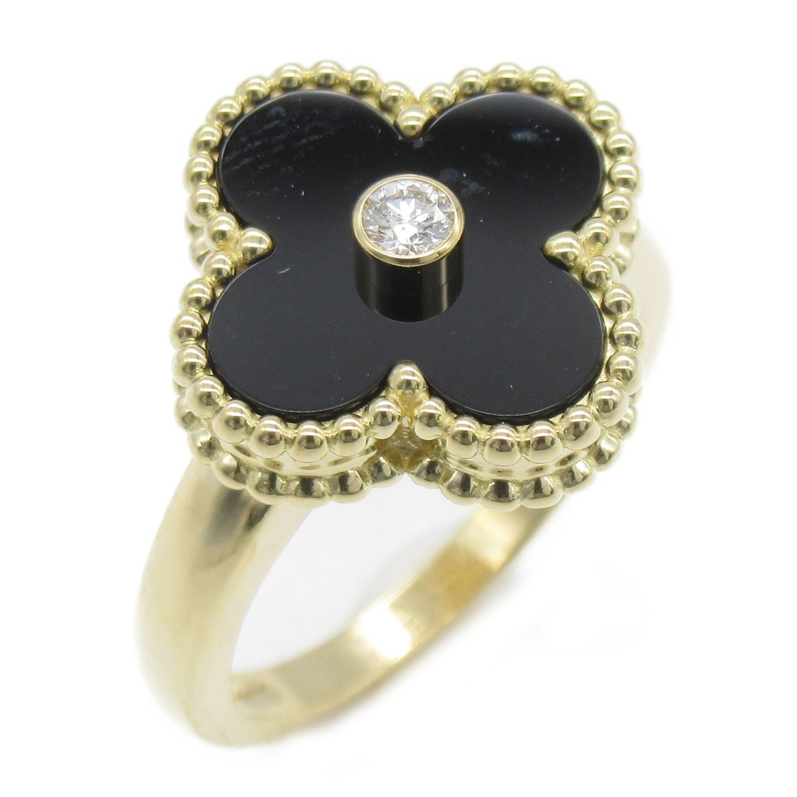 VAN CLEEF & ARPELS VINTAGE ALHAMBRA RING: Van Cleef & Arpels Vintage Alhambra Ring Brand: Van Cleef & Arpels Type: Band ring Material: Yellow gold Color: Black Size: 6 Accessories: None Accessories Notice: When purchasing pre-ow