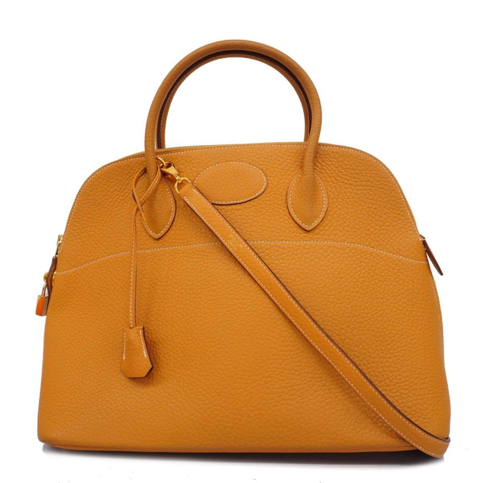 HERMES BOLIDE 35 FJORD HANDBAG: Brand: Hermes Type: Handbag, Shoulder bag Material: Fjord leather Size: 28cm x 37.5cm x 14cm / 11.02'' x 14.76'' x 5.51'' Accessories: Clochette, Dust bag, Key, Padlock, Shoulder strap