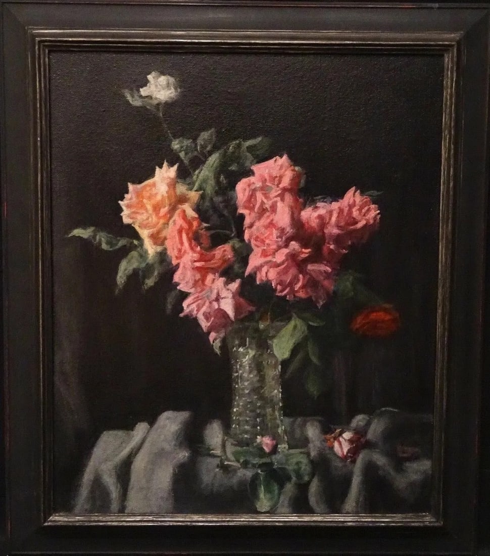 STILL LIFE OF PINK AND RED ROSES OIL PAINTING: Year: 20th century Size: 28" x 24.5" Medium: Oil Description: Excellent, huge still life painting by George Weissbort on board from the 20th century depicting pink and crimson roses. Gorgeous huge stu
