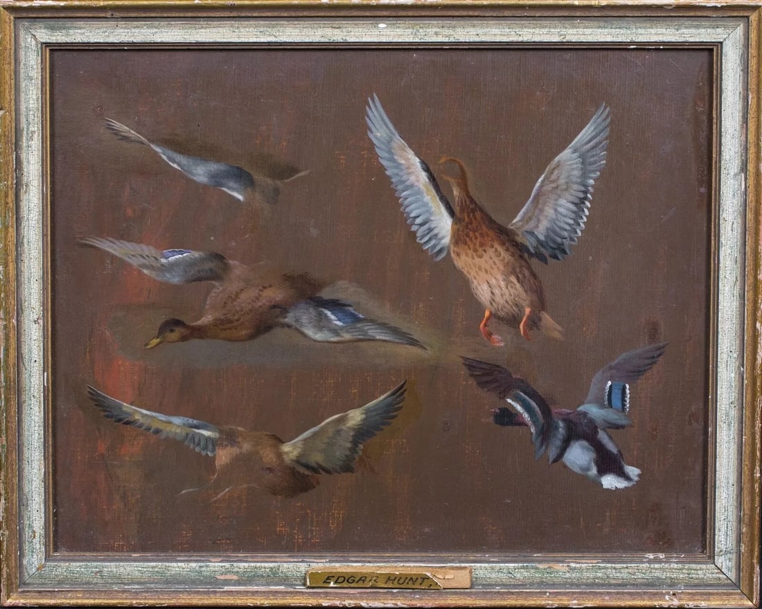 STUDY OF VARIOUS BIRDS OIL PAINTING: Year: 19th century Size: 30cm x 25cm Medium: Oil Description: Beautiful 19th-century English study of different wild birds with Edgar Hunt's oil on board. A unique collection of studies of different b