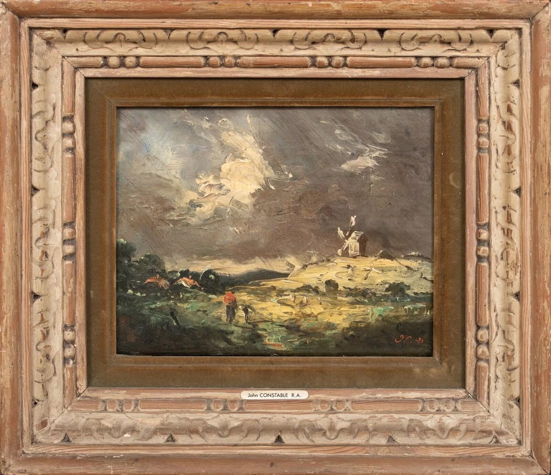 VIEW OF A SUFFOLK LANDSCAPE SKETCH OIL PAINTING: Year: 19th century Size: 15.5" x 14" Medium: Oil Description: Large-scale oil painting from the 19th century depicting a scene in Suffolk, credited to John Constable. Outstanding quality and condition