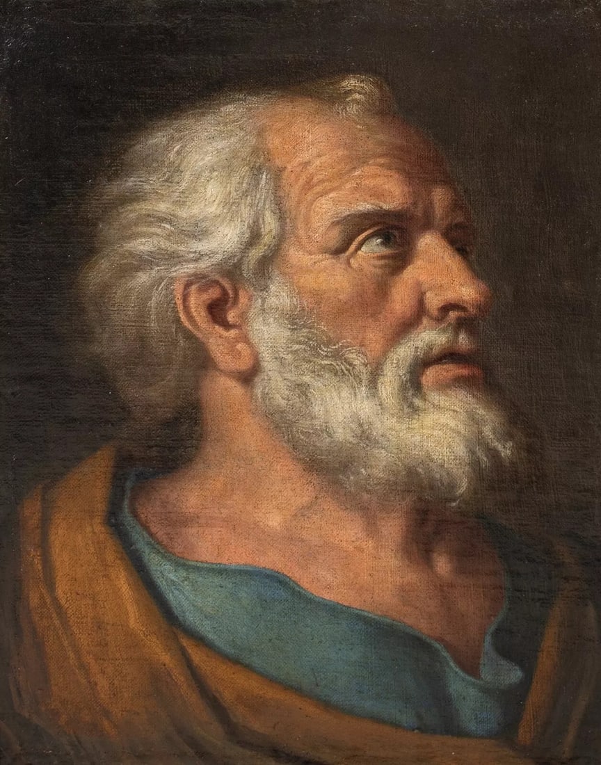 PORTRAIT OF THE PENITENT SAINT PETER OIL PAINTING: Year: 17th century Size: 28.5" x 24" Medium: Oil Description: Huge oil on canvas portrait of the penitent Saint Peter from the Italian Rococo era, c. 1700, attributed to Donato Creti. Shown in an ebon