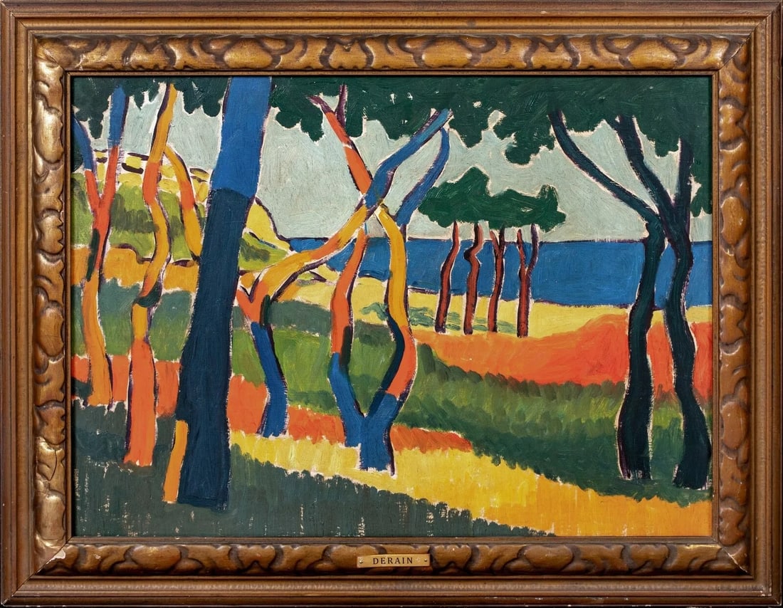 LANDSCAPE OF TREES OIL PAINTING: Year: 20th century Size: 27.5" x 21.5" Medium: Oil Description: Huge Fauvist landscape of trees and the sea in the distance, created in 1905; Andre Derain is credited with the oil on board. Outstandin