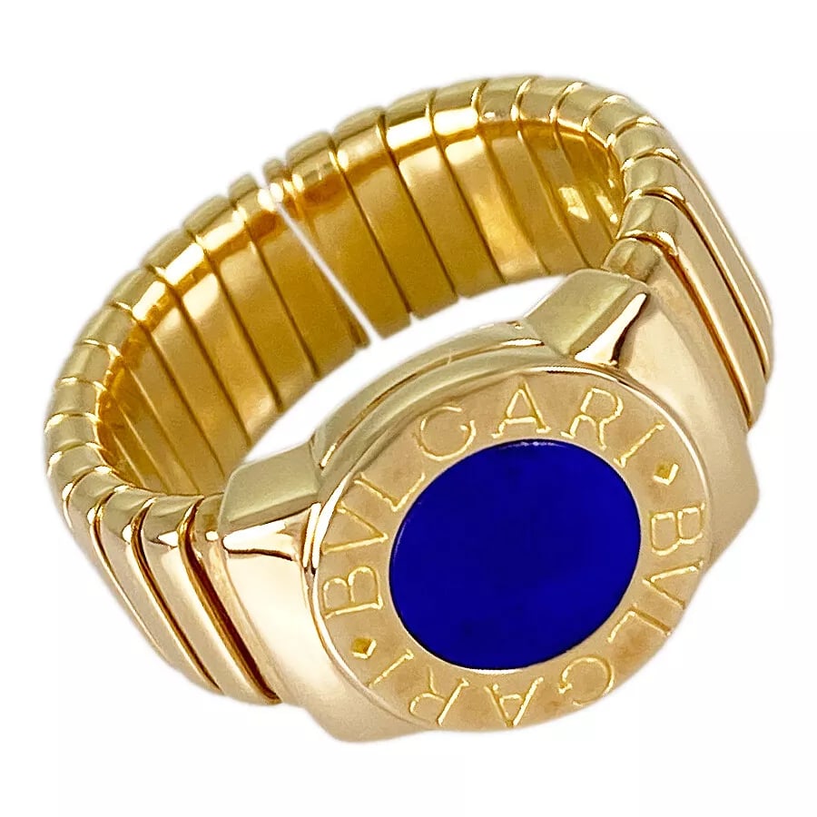 BVLGARI TUBOGAS YELLOW GOLD LAPIS LAZULI RING: BVLGARI Tubogas Yellow gold lapis lazuli Ring Brand: BVLGARI Type: Ring Material: Yellow gold lapis lazuli Color: Gold Size: 7.5 Accessories: None Accessories Notice: When purchasing pre-