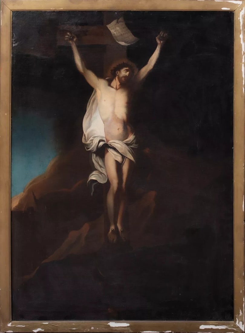 THE CRUCIFIXION OIL PAINTING: Year: 17th century Size: 33" x 24" Medium: Oil Description: An enormous oil painting from the Dutch School of the 17th century depicting Christ's crucifixion. Baroque picture of Christ on the cross in
