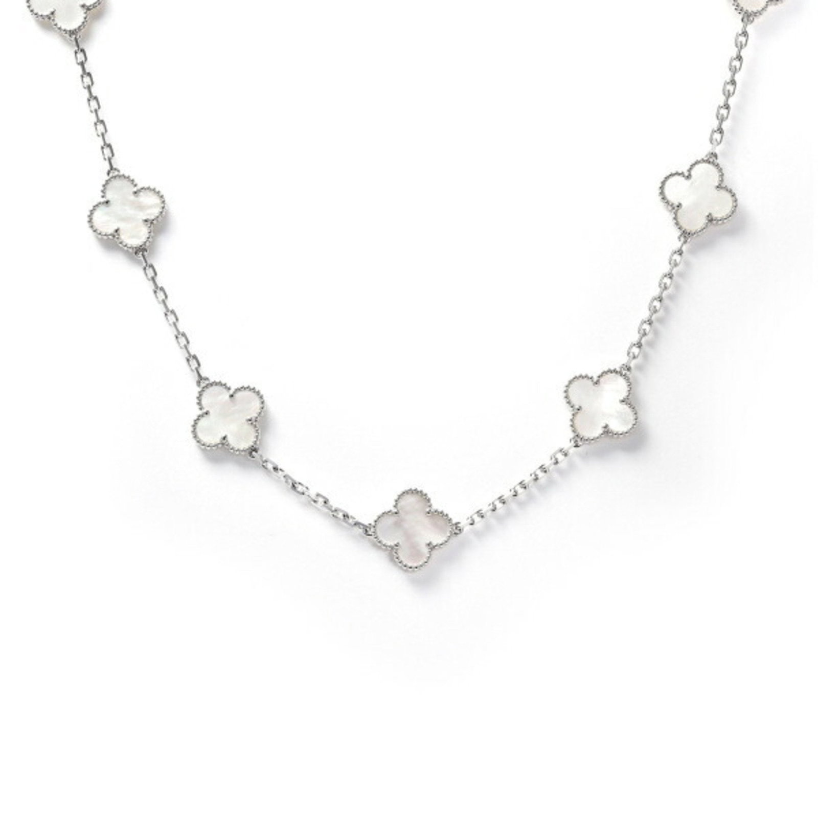 VAN CLEEF & ARPELS ALHAMBRA 10 MOTIFS NECKLACE: Van Cleef & Arpels Alhambra 10 motifs necklace Brand: Van Cleef & Arpels Type: Necklace Material: White gold (18K) Color: None Size: Neck Circumference: 42 cm / 16.53'' Pendant Size: 15mm x 15mm /
